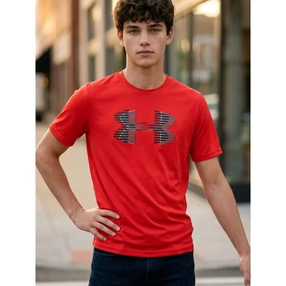 Under Armour UA Tech YLG 14/16 HeatGear Red LOOSE Logo T-Shirt Boys Sport Jersey